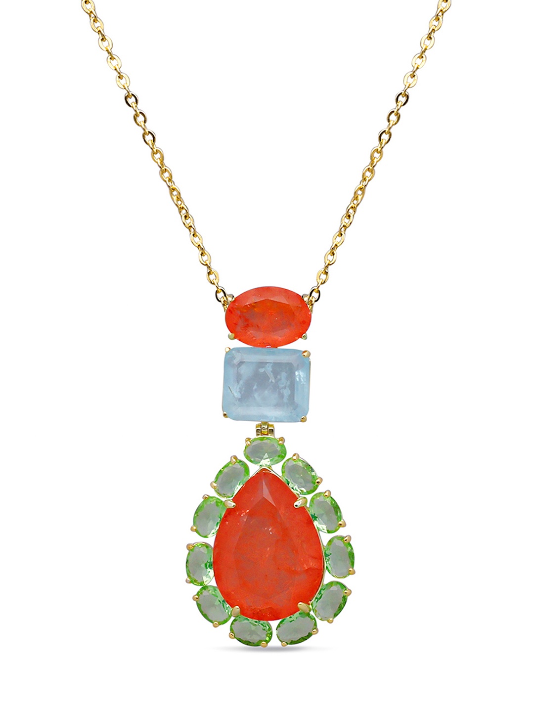 

MISS JO Peacock Paradise 925 Sterling Silver Gold-Plated Stone Studded Pendant With Chain, Coral