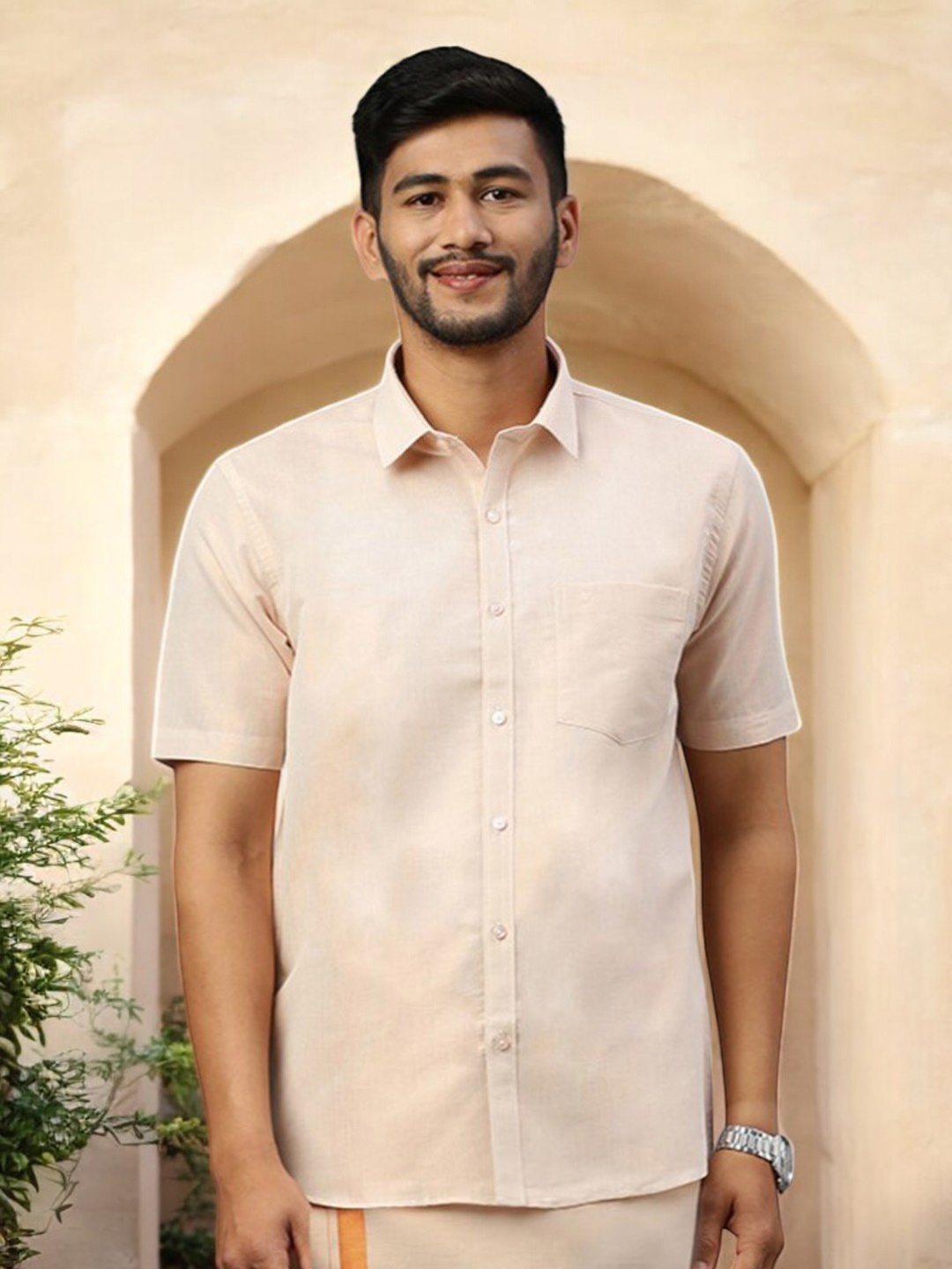 

Ramraj Men Classic Spread Collar Solid Cotton Casual Shirt, Off white