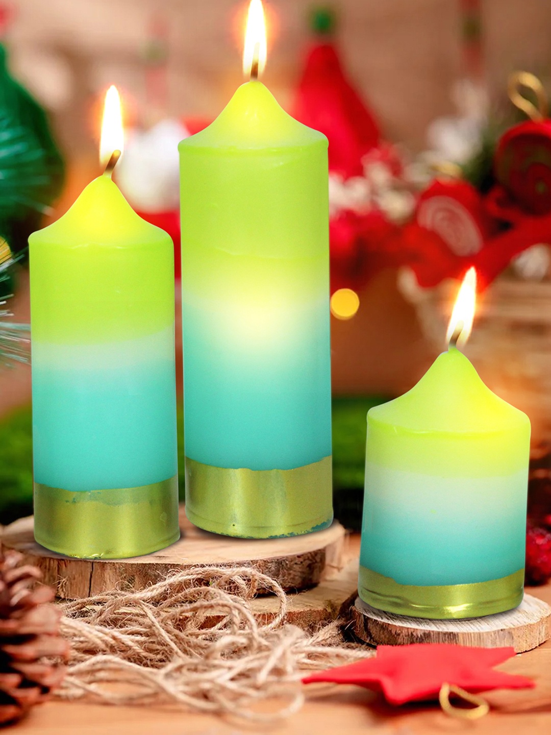 

TIED RIBBONS Green 3 Pieces Gardenia Scented 14 -16 Hours Burn Time Pillar Candles