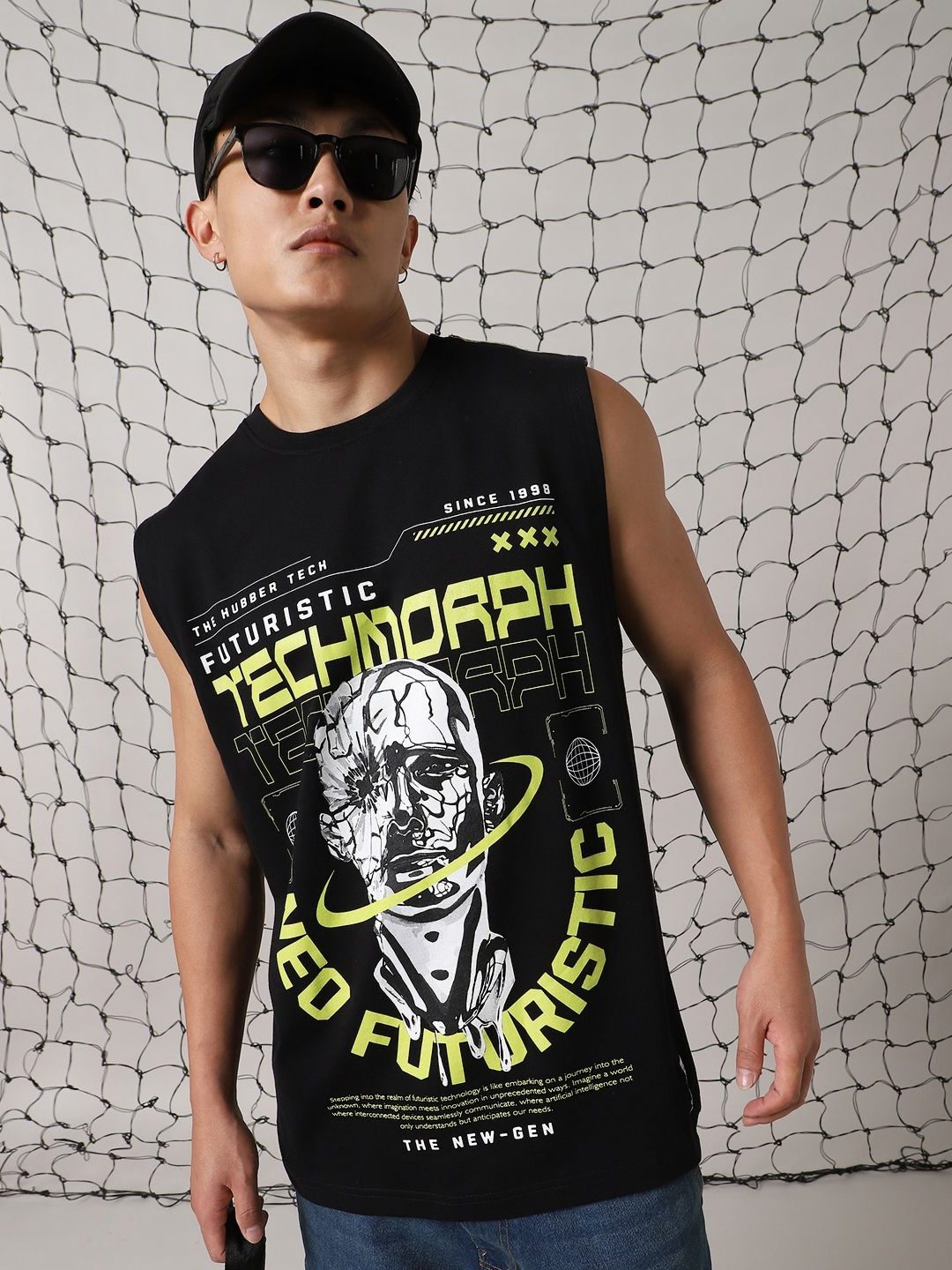 

Hubberholme Men Printed Phygital Graphic Sleeveless Vest Relazed Fit T-shirt, Black