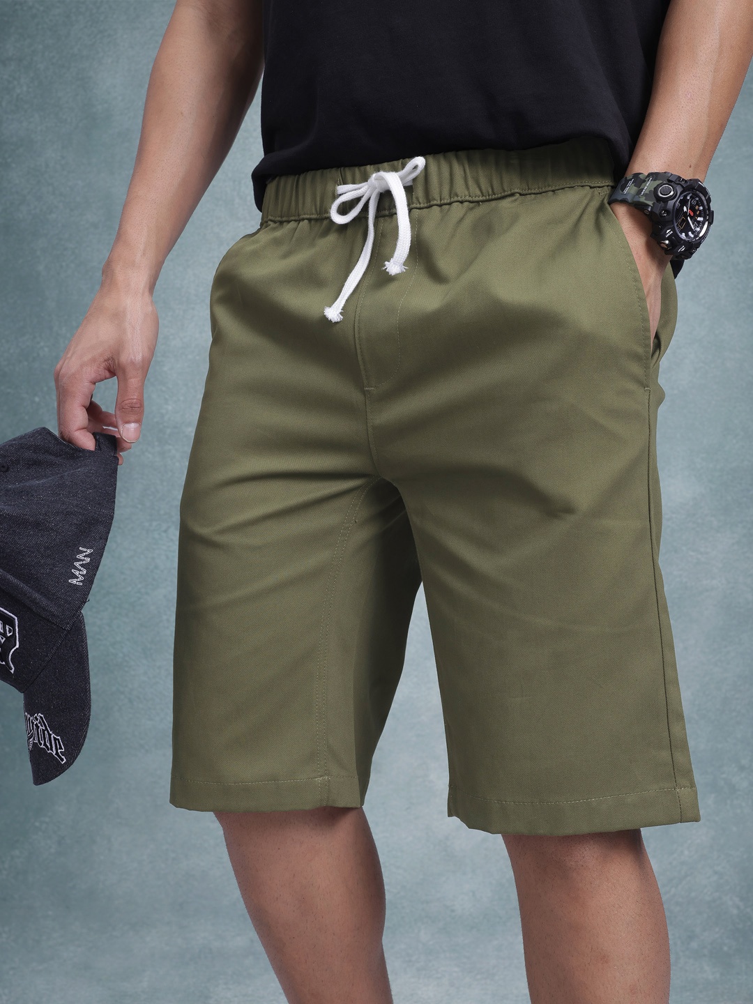 

The Roadster Life Co. Men Mid-Rise Pure Cotton Regular Shorts, Olive
