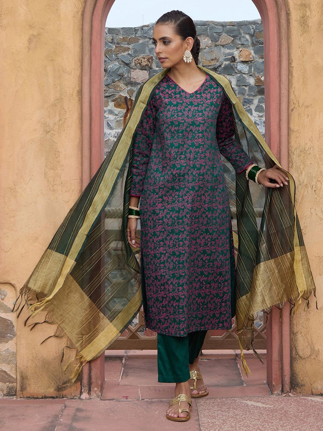 

House of Chikankari HOC Crafts Hand Block Kurta Set, Green