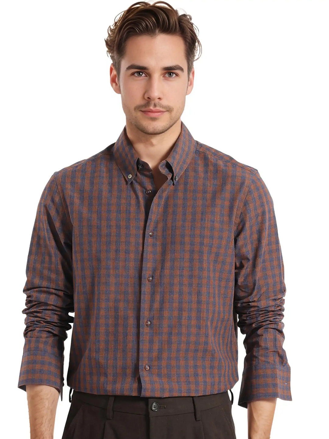 

RARE RABBIT Men Comfort Spread Collar Checked Cotton Oversized Casual Shirt, Brown