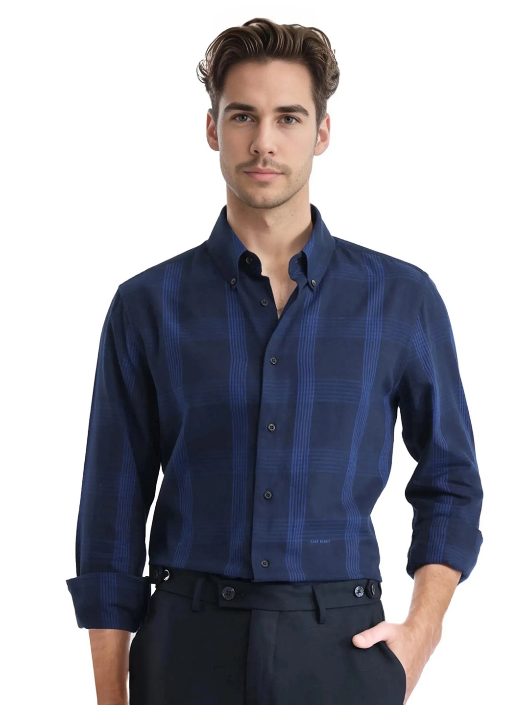 

RARE RABBIT Men Comfort Spread Collar Checked Cotton Casual Shirt, Navy blue