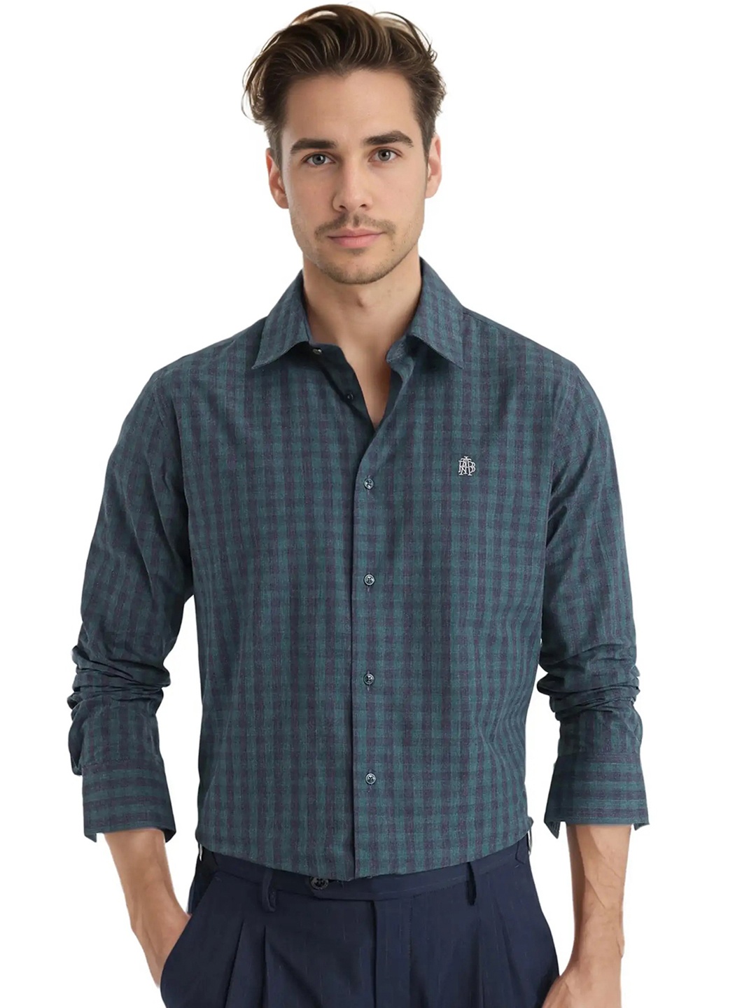 

RARE RABBIT Men Comfort Spread Collar Checked Cotton Casual Shirt, Green