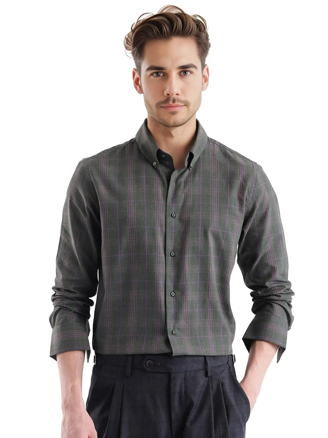 

RARE RABBIT Men Comfort Spread Collar Tartan Checked Cotton Casual Shirt, Black