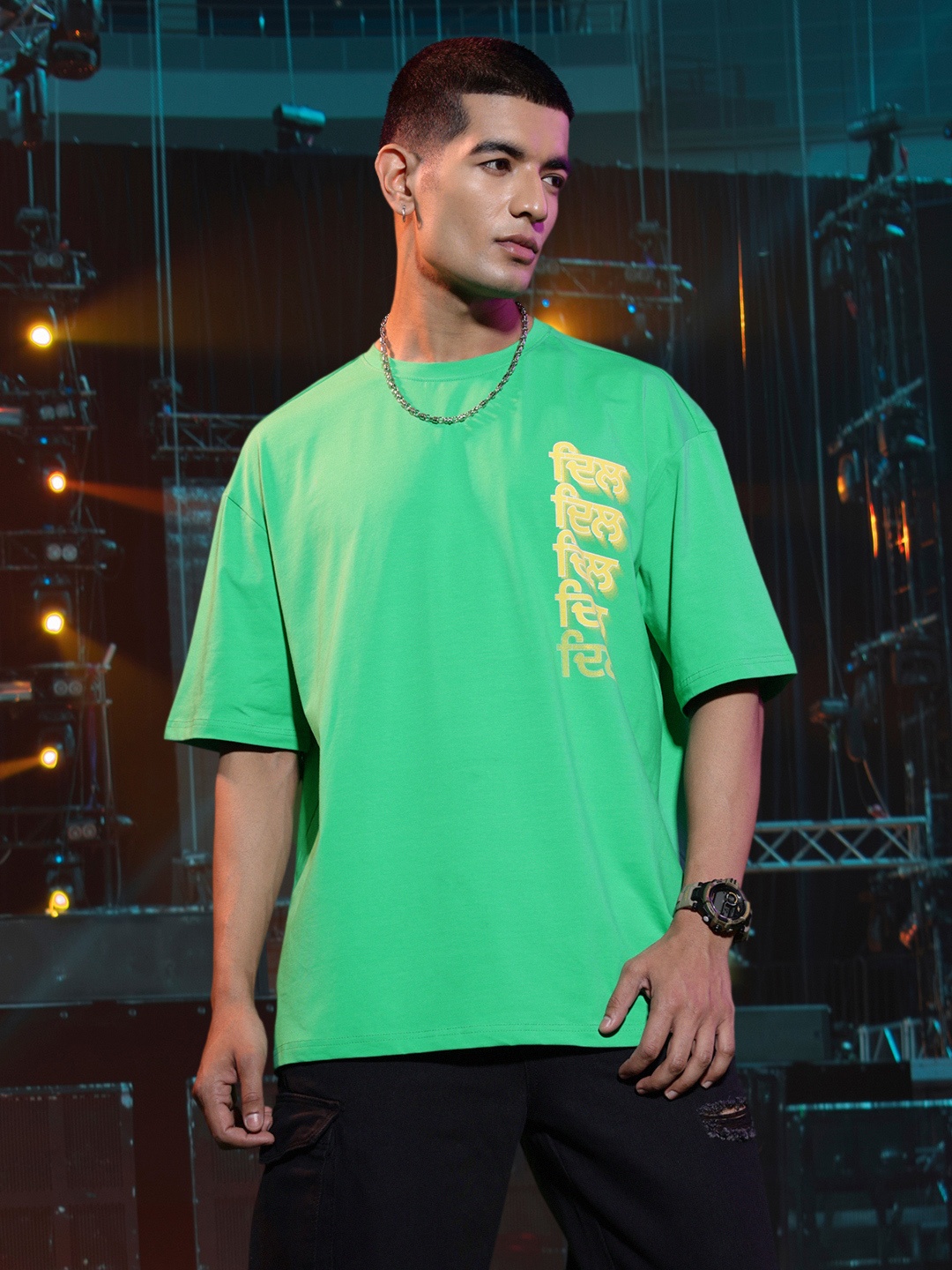 

Kook N Keech Fanjabi Typo Print Oversized Drop Shoulder Concert T-shirt, Green