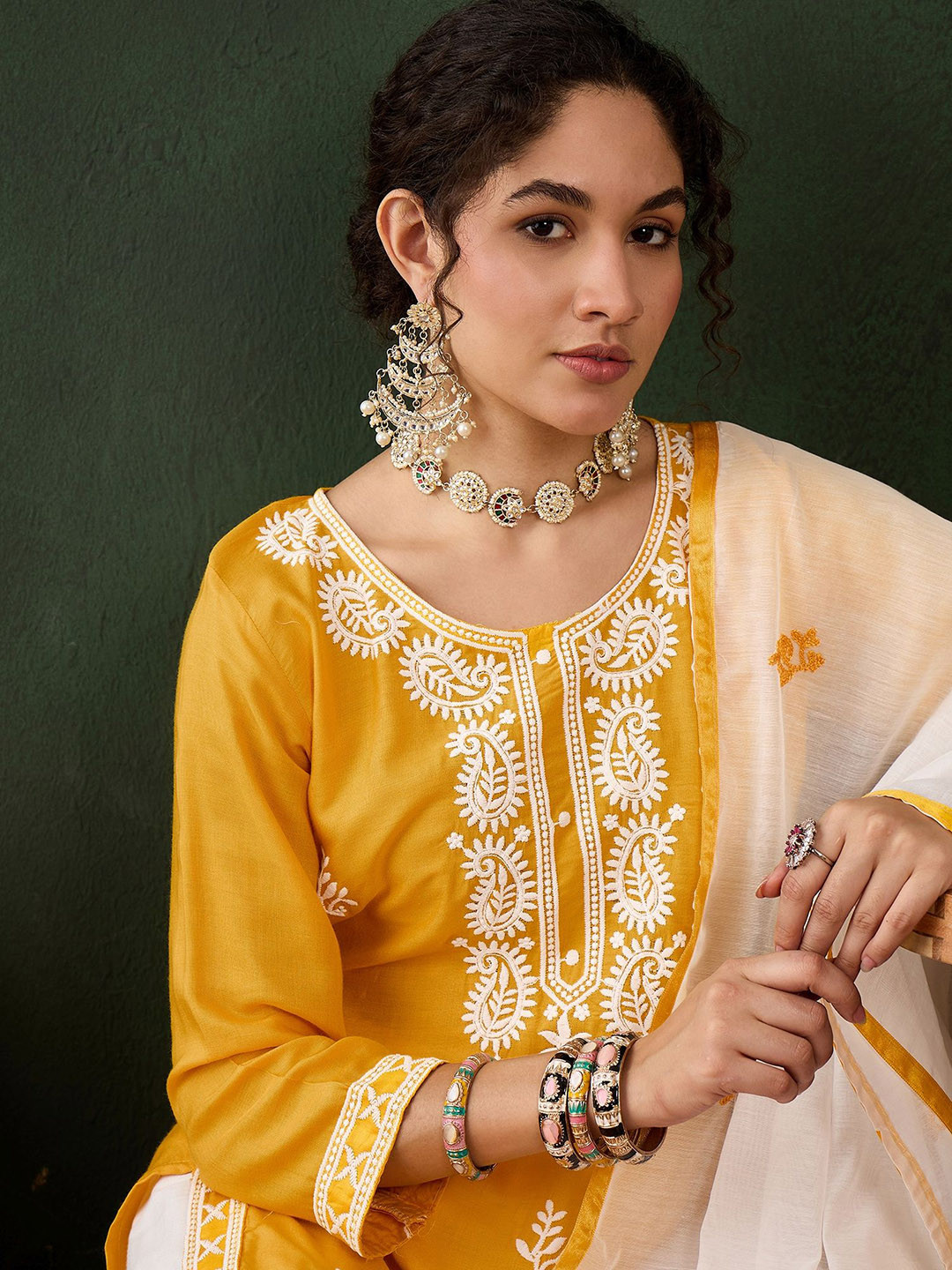 

VIRICA Paisley Embroidered Thread Work Straight Kurta With Trousers & Dupatta, Yellow