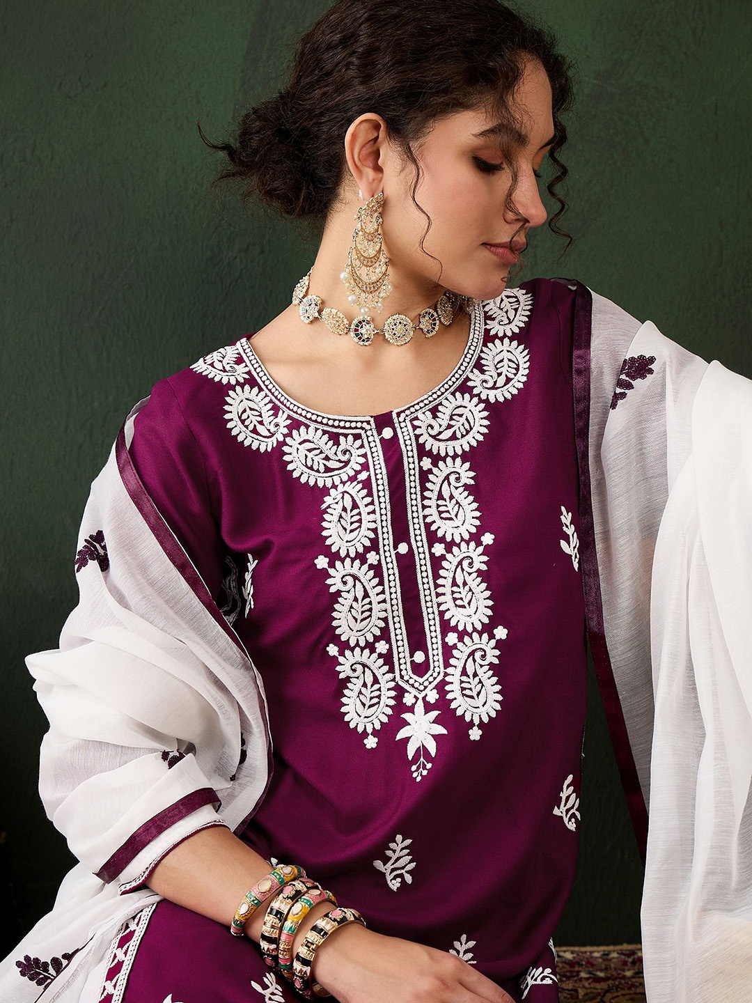 

VIRICA Floral Embroidered Chikankari Straight Kurta With Trousers & Dupatta, Purple