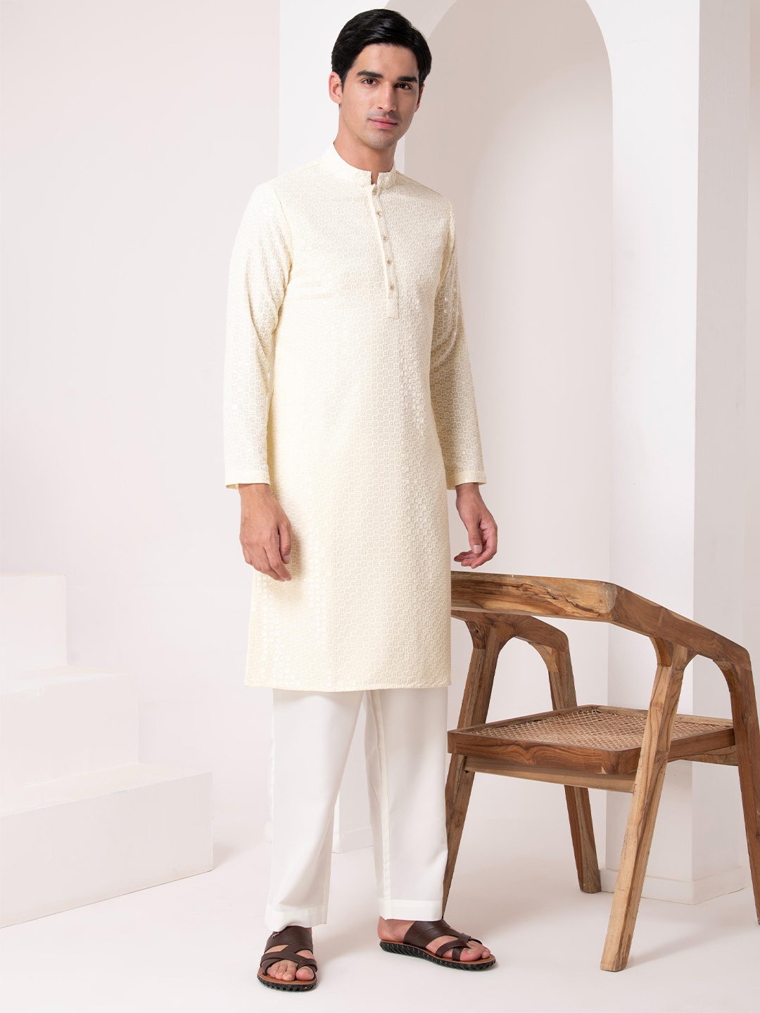 

BARARA ETHNIC Floral Embroidered Sequinned Pure Cotton Straight Kurta with Trousers, Yellow