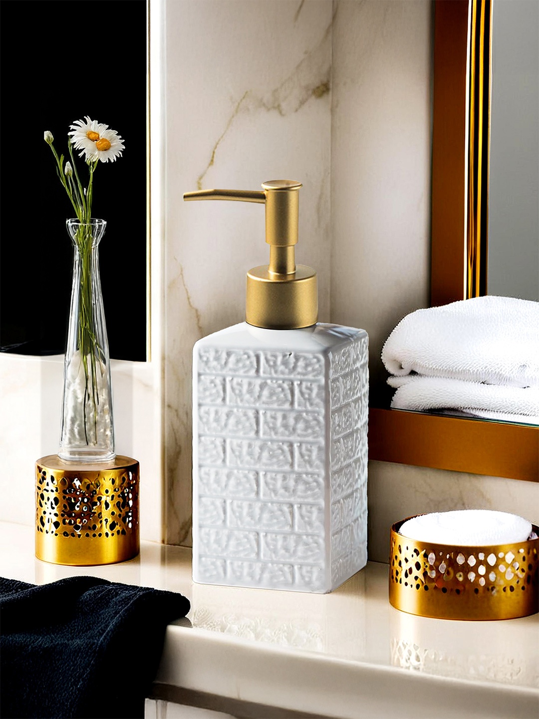 

The Better Home White & Gold-Toned Textured Ceramic Glossy Soap Dispenser 350 ml