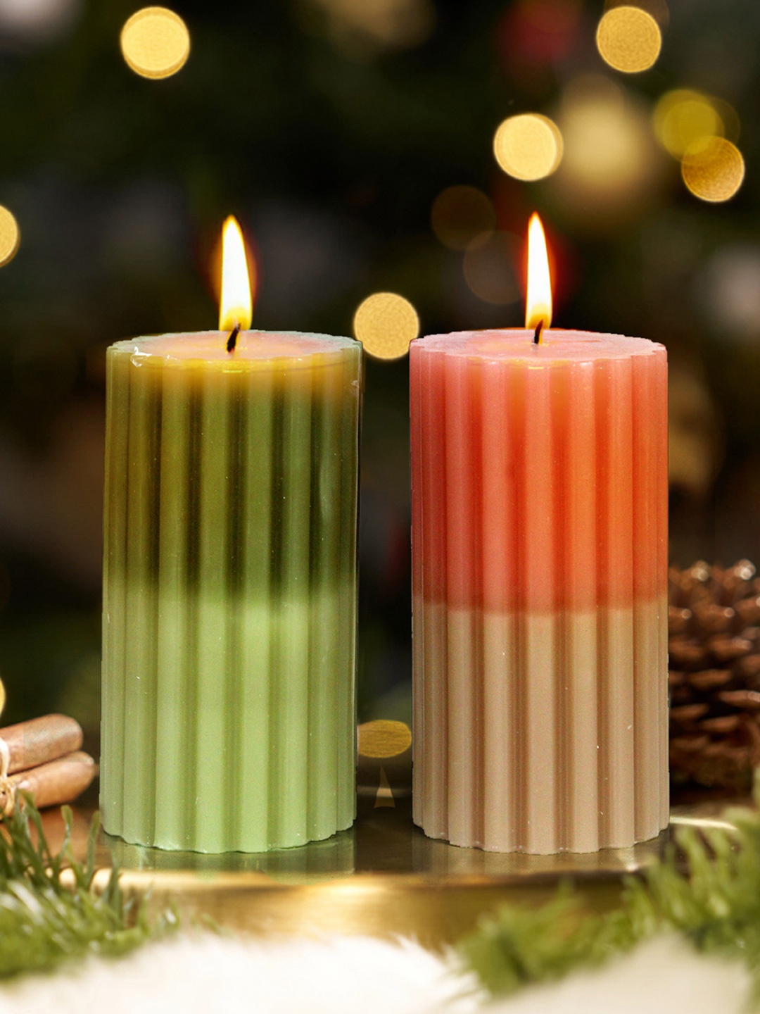 

TIED RIBBONS Green & Red 2 Pieces Sandalwood Scented 60 Hours Burn Time Pillar Candles