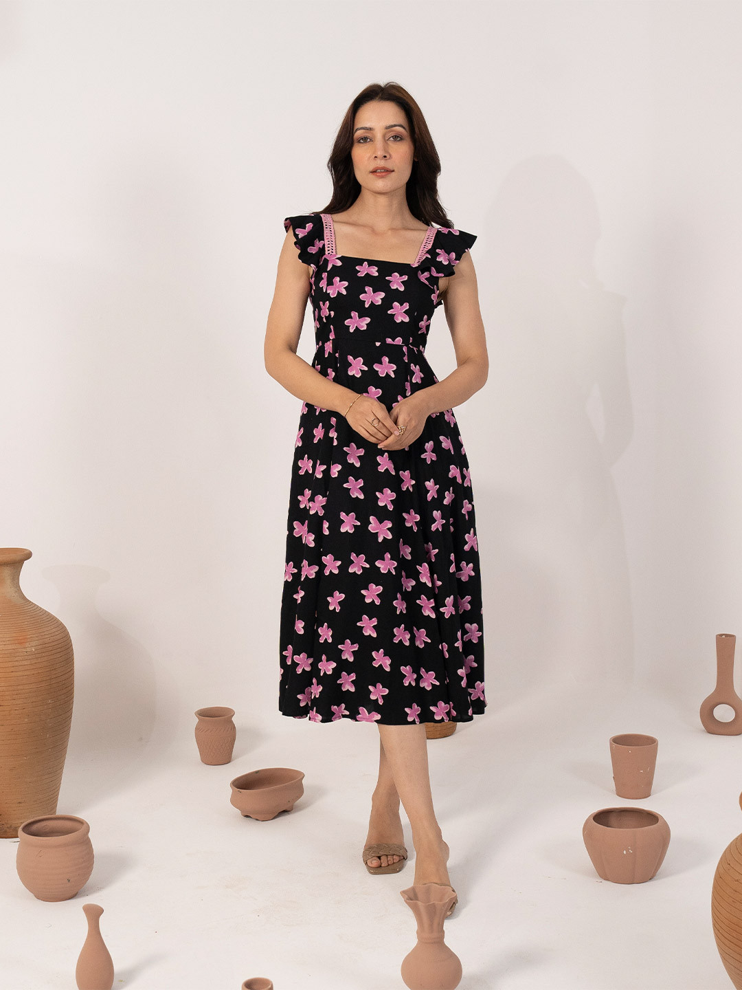 

Seryeon Women Floral Printed Flutter Sleeves Fit & Flare Midi Dress, Black