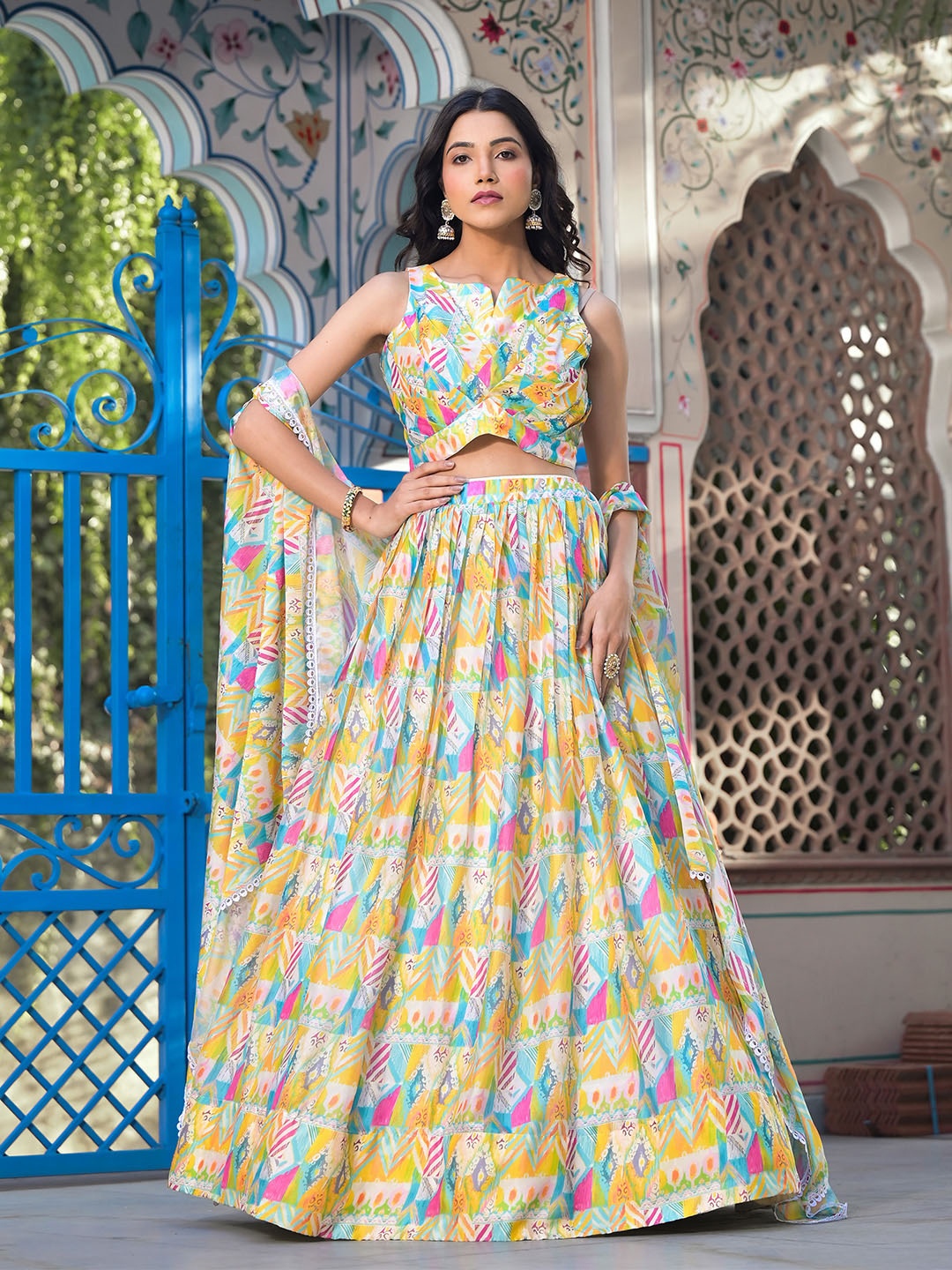 

Ishin Geometric Printed Ready to Wear Lehenga & Blouse With Shrug, Yellow