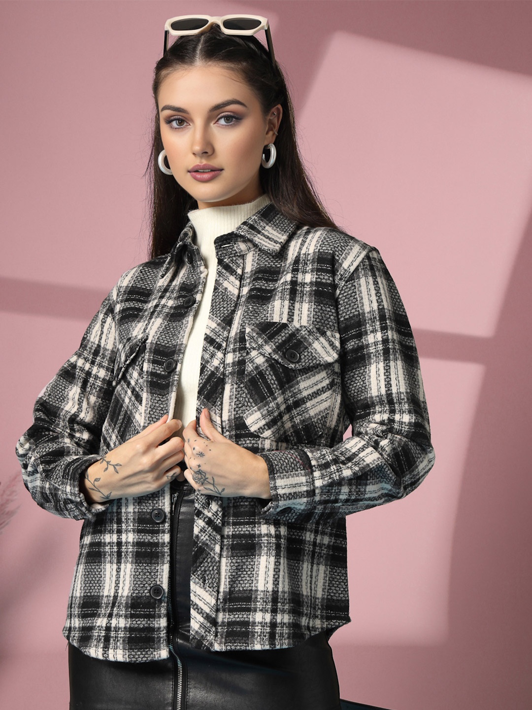 

CHKOKKO Women Spread Collar Tartan Checked Leather Casual Shirt, Black