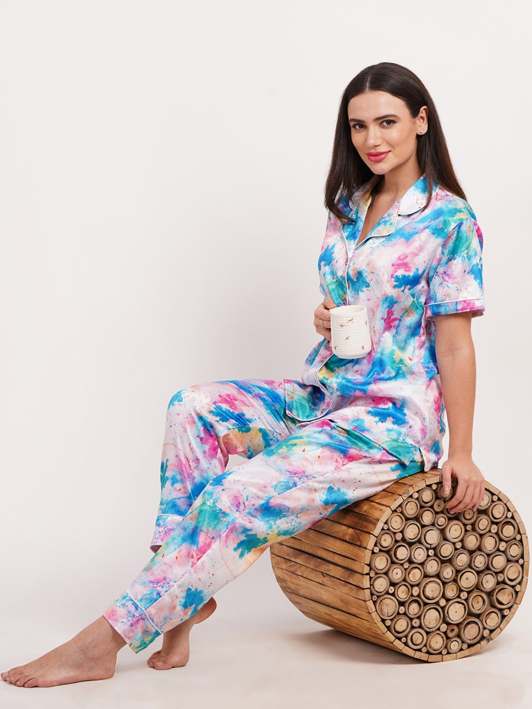 

FIMS Women Satin Abstract Printed Night suit, White
