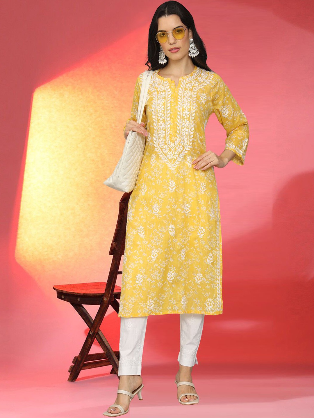 

PARAMOUNT CHIKAN Women Embroidered Lucknowi Chikankari Mulmul Kurta, Yellow