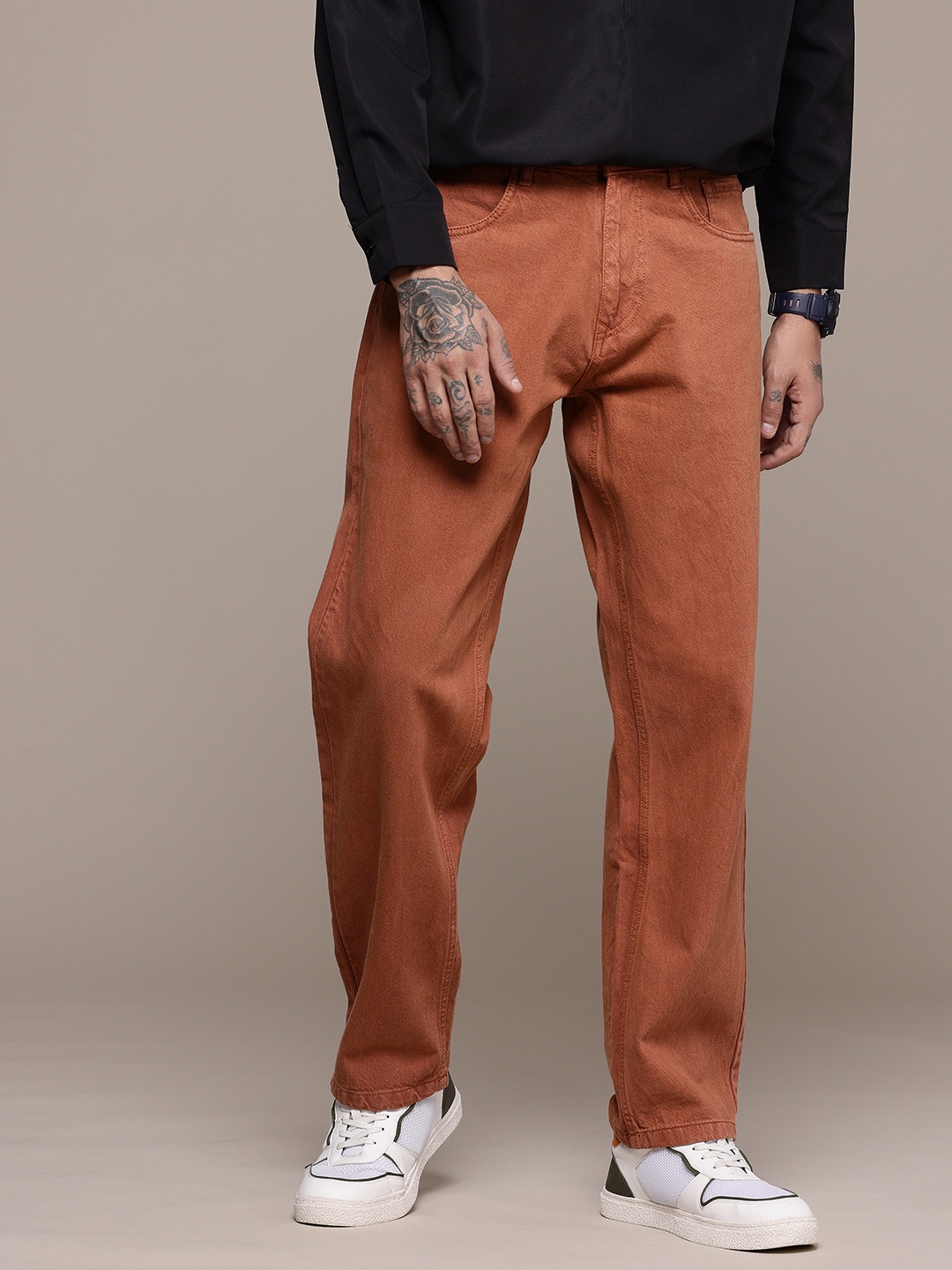 

WROGN Men Pure Cotton Anti Fit Jeans, Rust