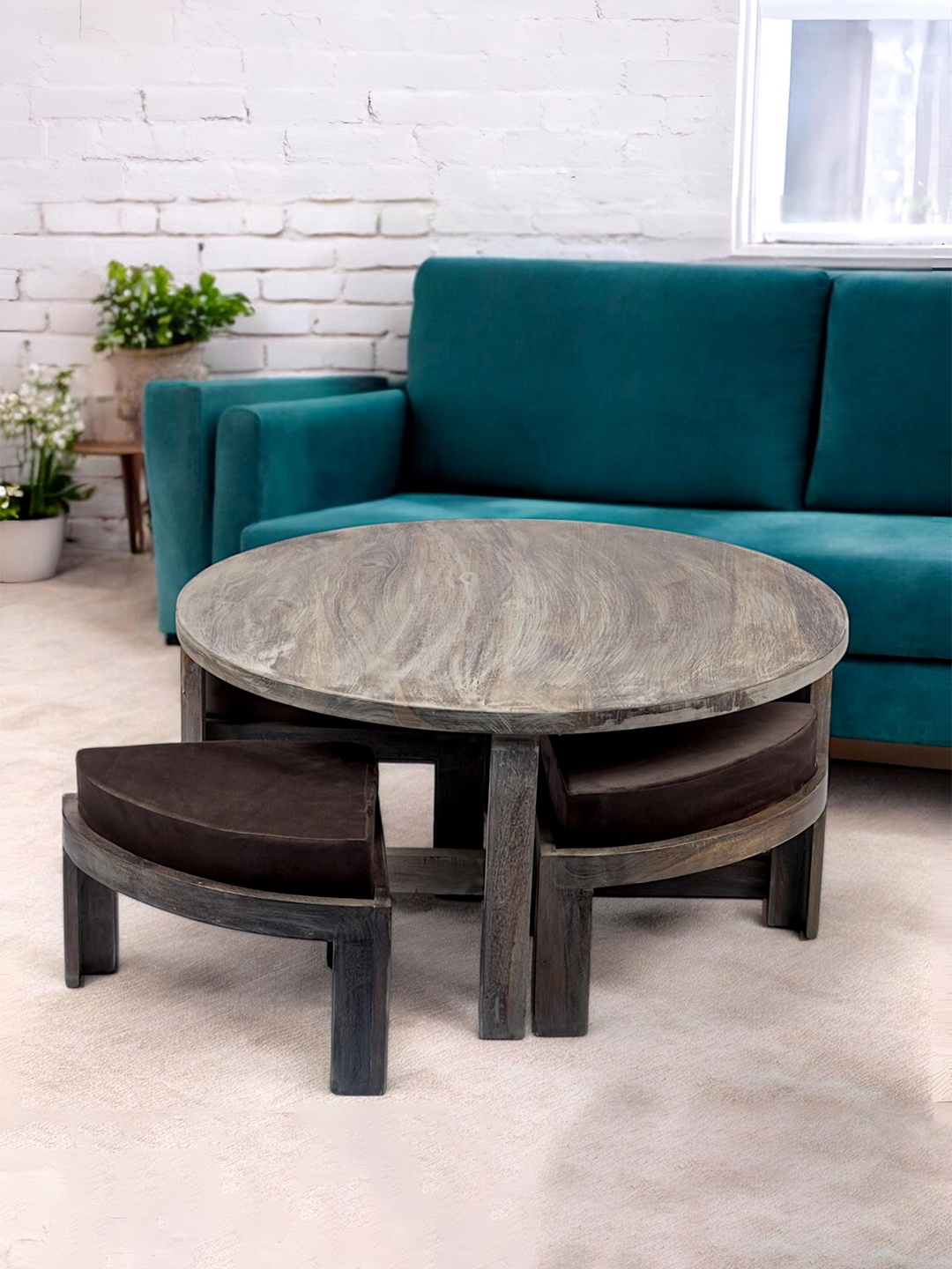 

Ikiriya Grey & Brown Round Coffee Table and Stool With Cushion