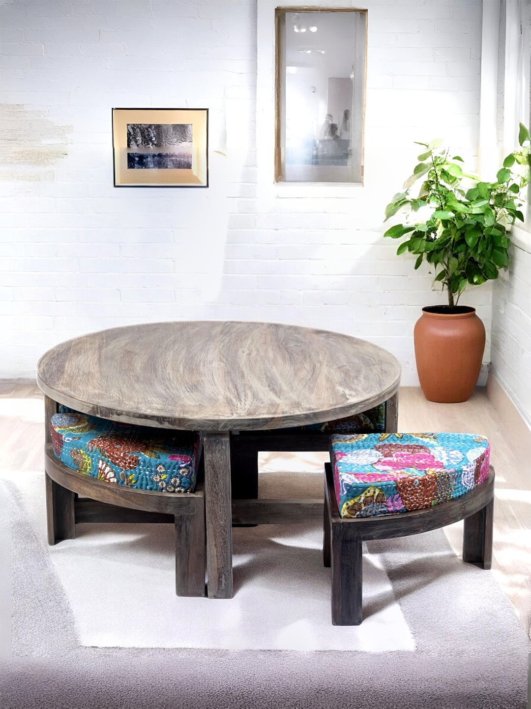 

Ikiriya Grey Wooden Antique Grey Finish Round Coffee Table With Stool and Cushions