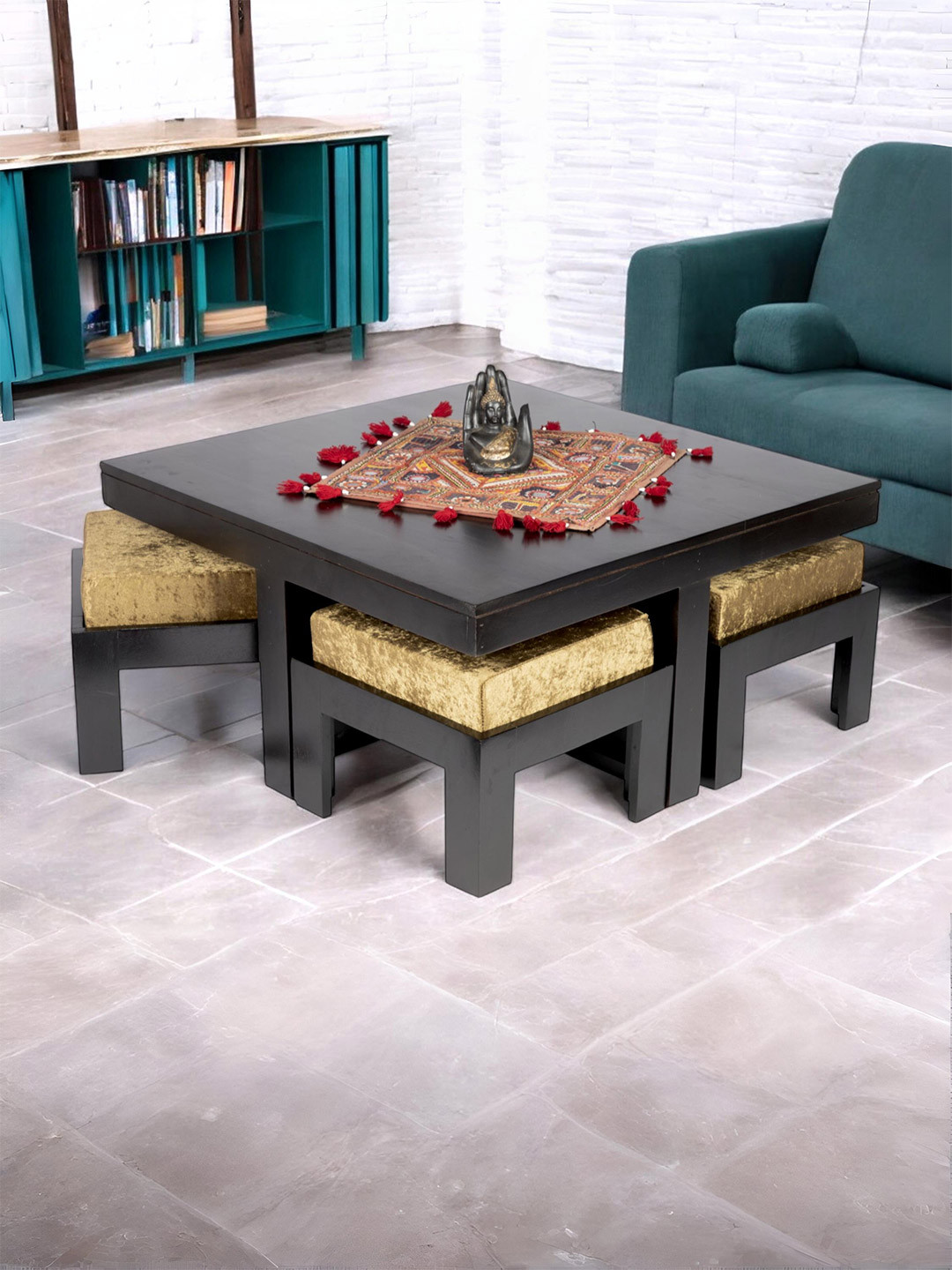 

Ikiriya Black Wooden Dark Mahagony Finish Square Coffee Table With Stool and Cushions