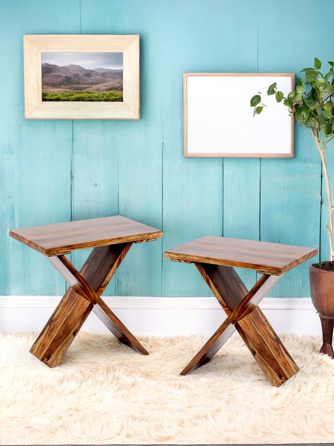 

Ikiriya Coffee Brown 2 Pieces Sheesham Wood Natural Teak Finish Rectangle Coffee Table