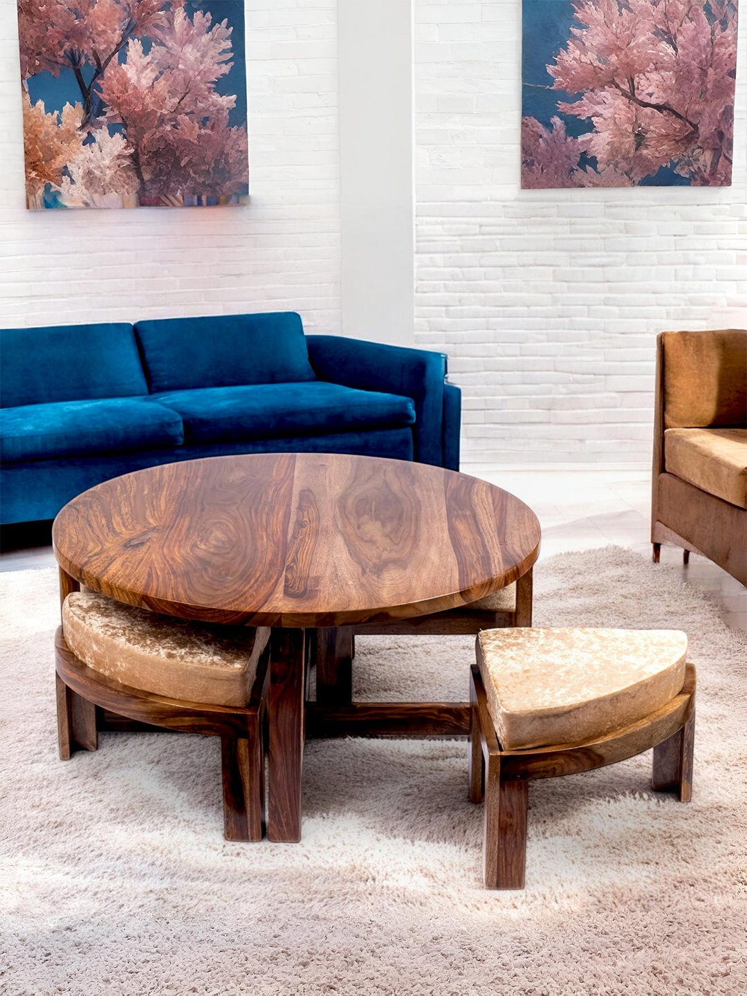 

Ikiriya Coffee Brown Wooden Teak Finish Round Coffee Table With Stool and Cushions