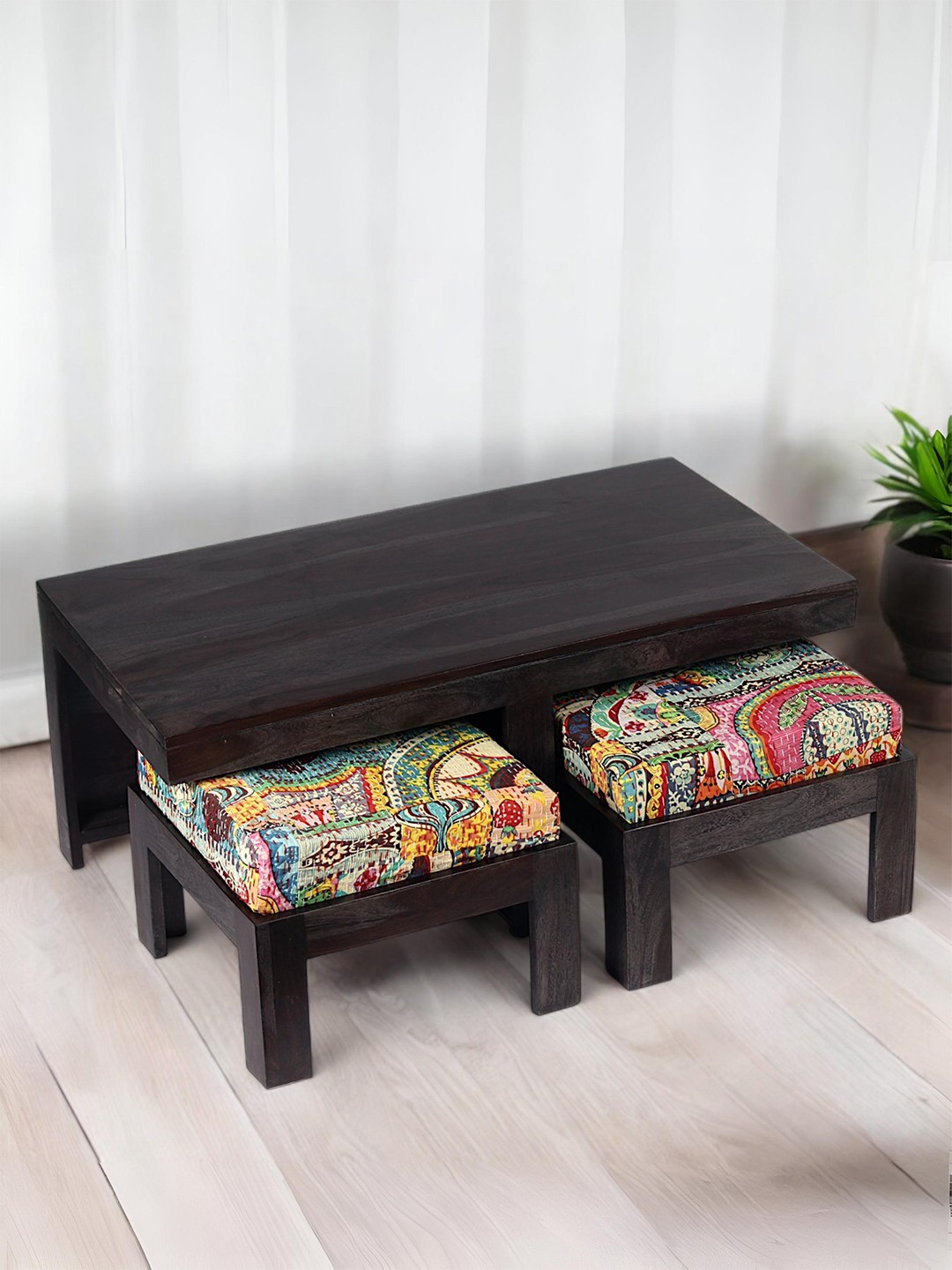 

Ikiriya Brown Rectangle Shaped Sheesham Wooden Bohemian Coffee Table Set, Black