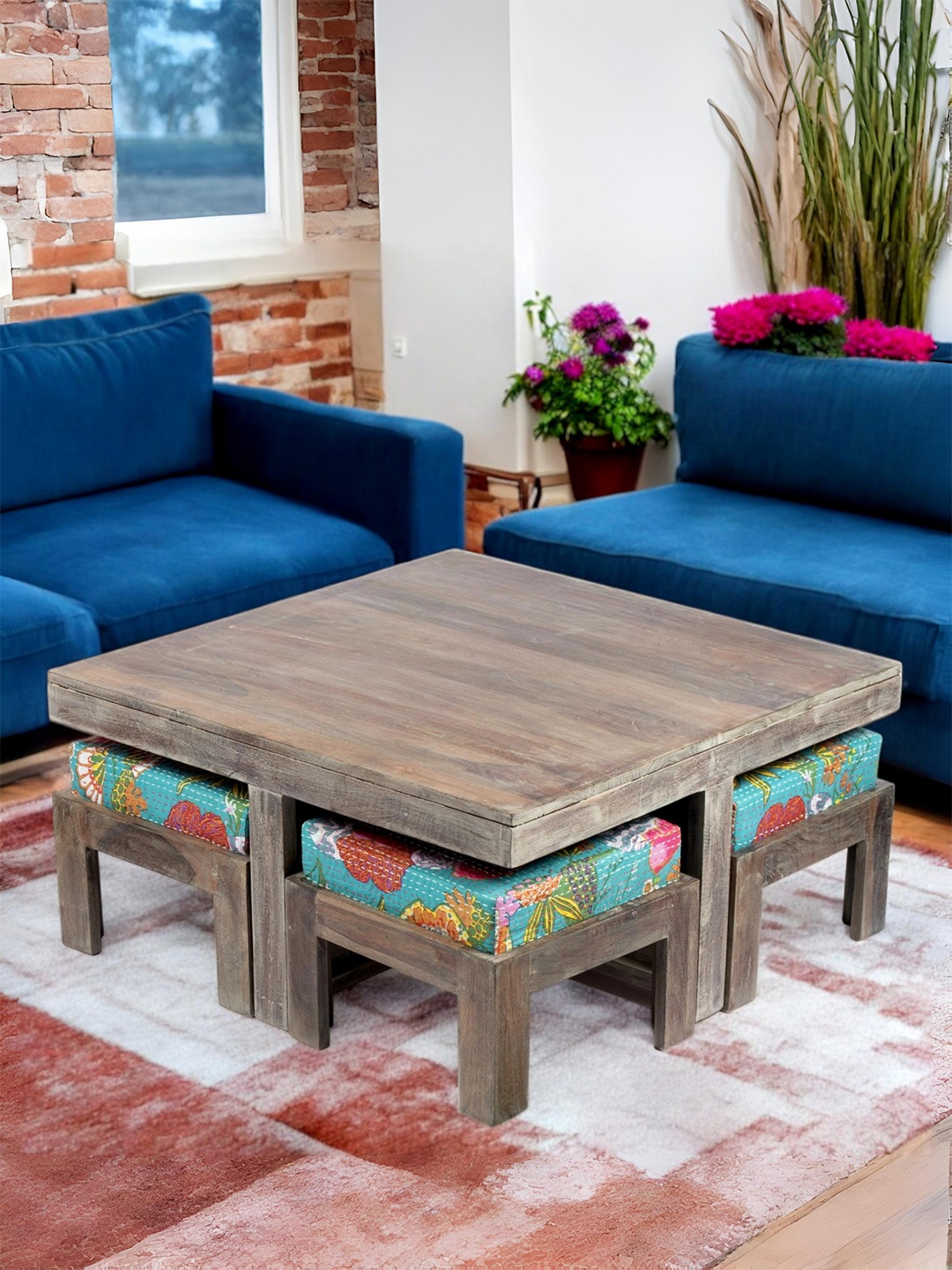 

Ikiriya Grey Textured Wooden Coffee Table and Stool With Cushion