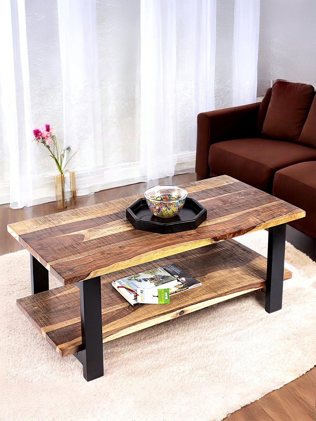 

Ikiriya Coffee Brown Sheesham Wood Natural Rustic Finish Rectangle Coffee Table