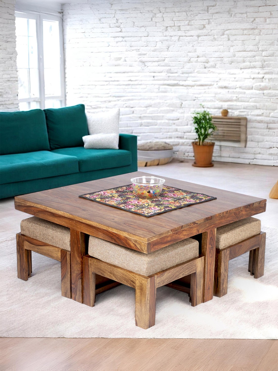 

Ikiriya Brown Square Shaped Sheesham Wooden Accent Coffee Table Set, Coffee brown