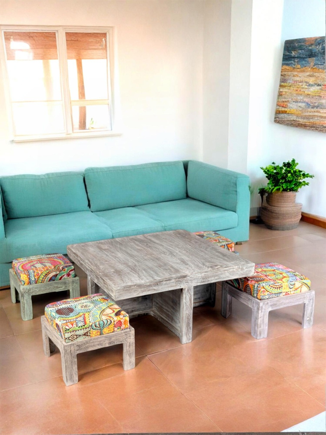 

Ikiriya White & Grey Textured Sheesham Wood Square Coffee Table Set