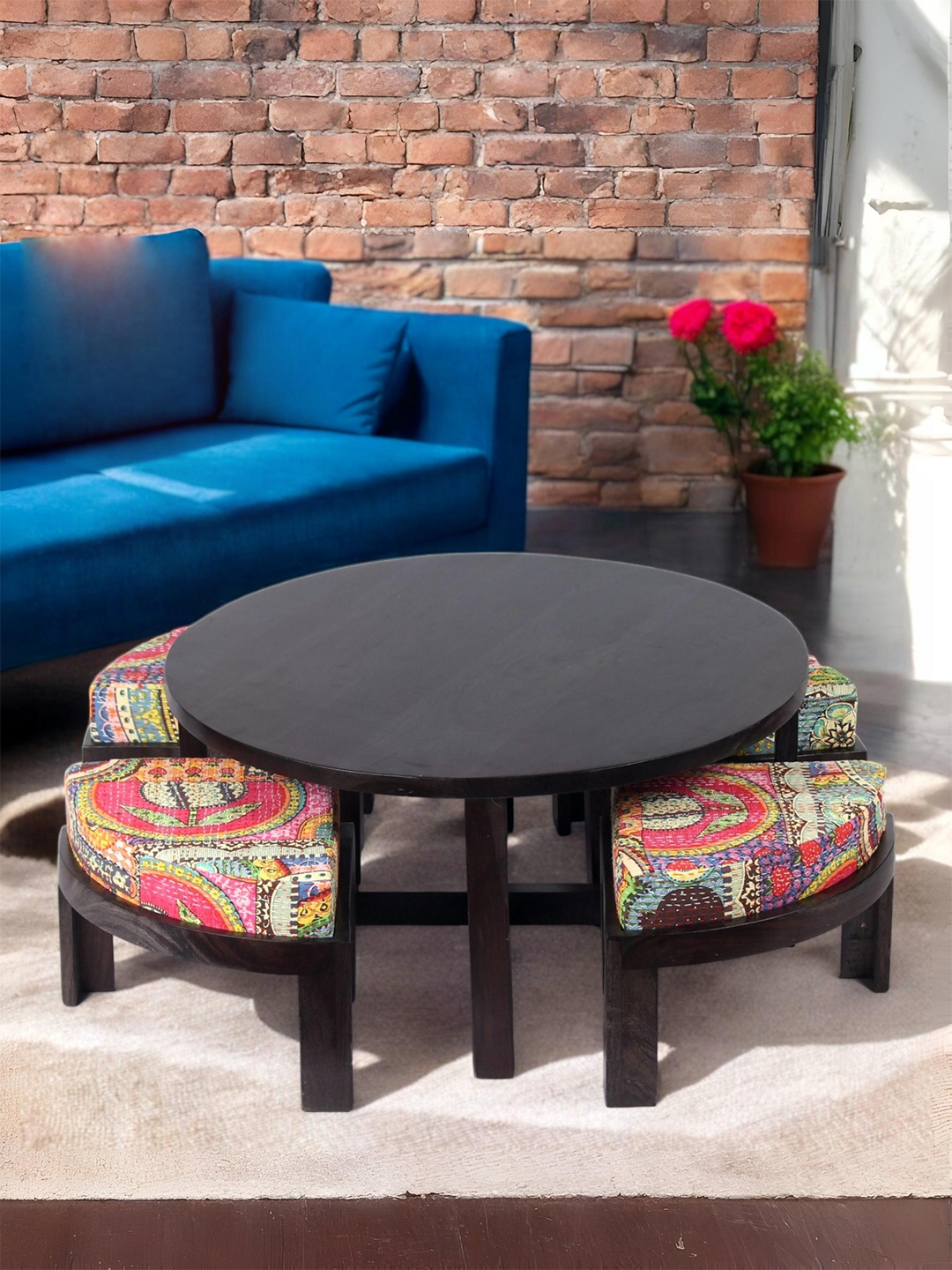 

Ikiriya Black Wooden Dark Mahagony Finish Round Coffee Table with Stool and Cushions
