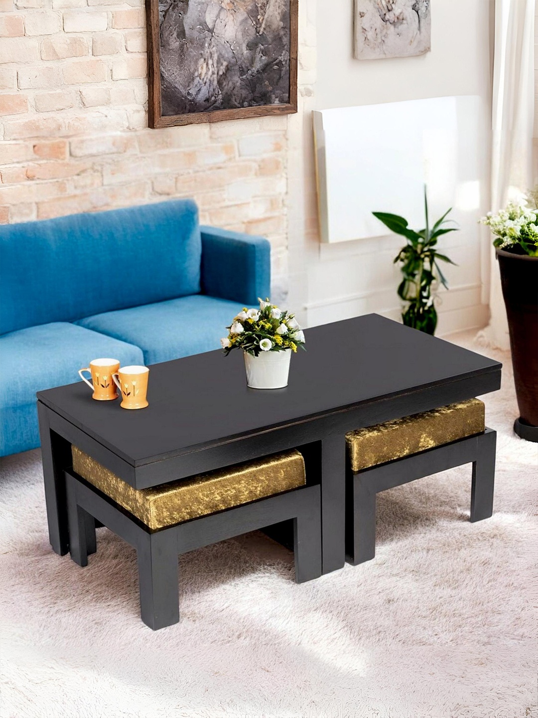 

Ikiriya Black & Yellow Sheesham Wood Rectangle Coffee Table with Stool and Cushions