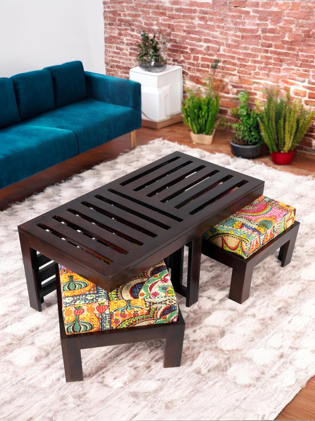 

Ikiriya Brown Sheesham Wooden Rectangle Coffee Table and Stool With Cushion