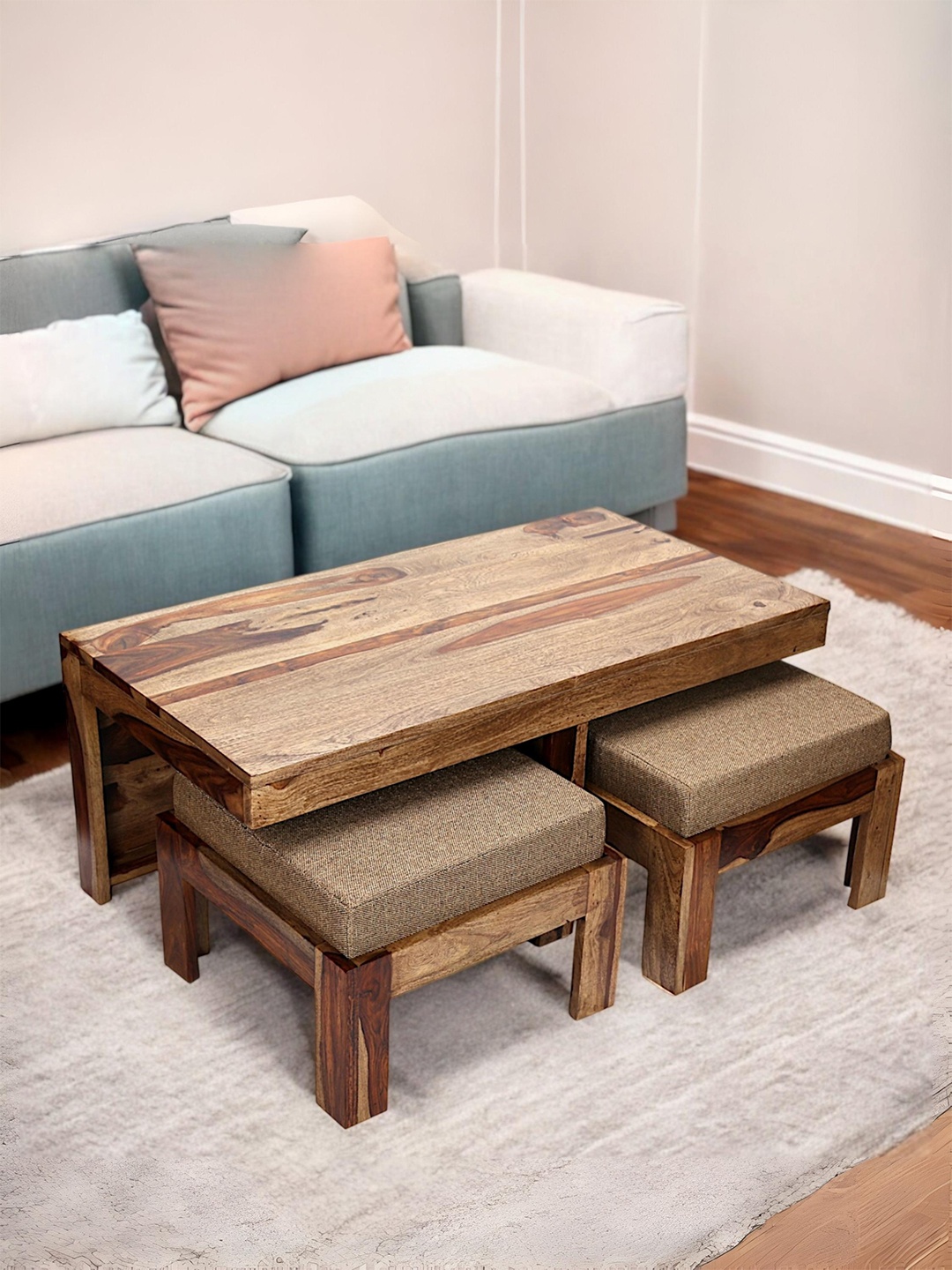 

Ikiriya Coffee Brown Wooden Teak Finish Rectangle Coffee Table With Stool and Cushions