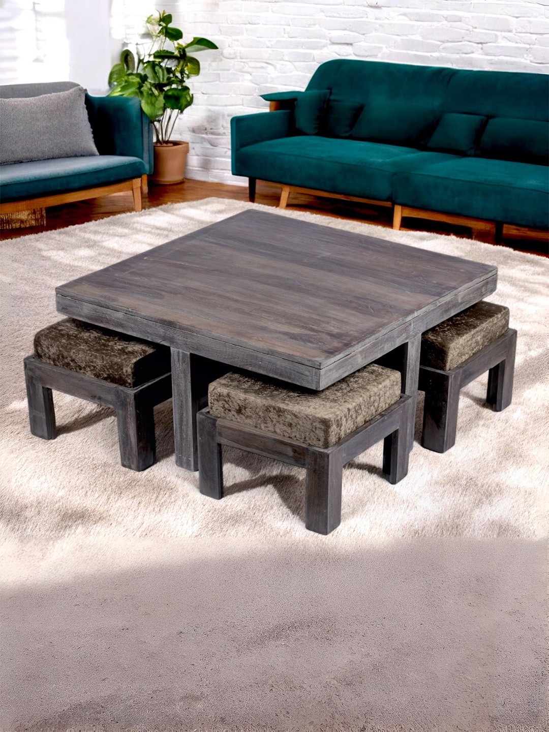 

Ikiriya Grey Textured Wooden Antique Grey Finish Coffee Table With Stool and Cushions