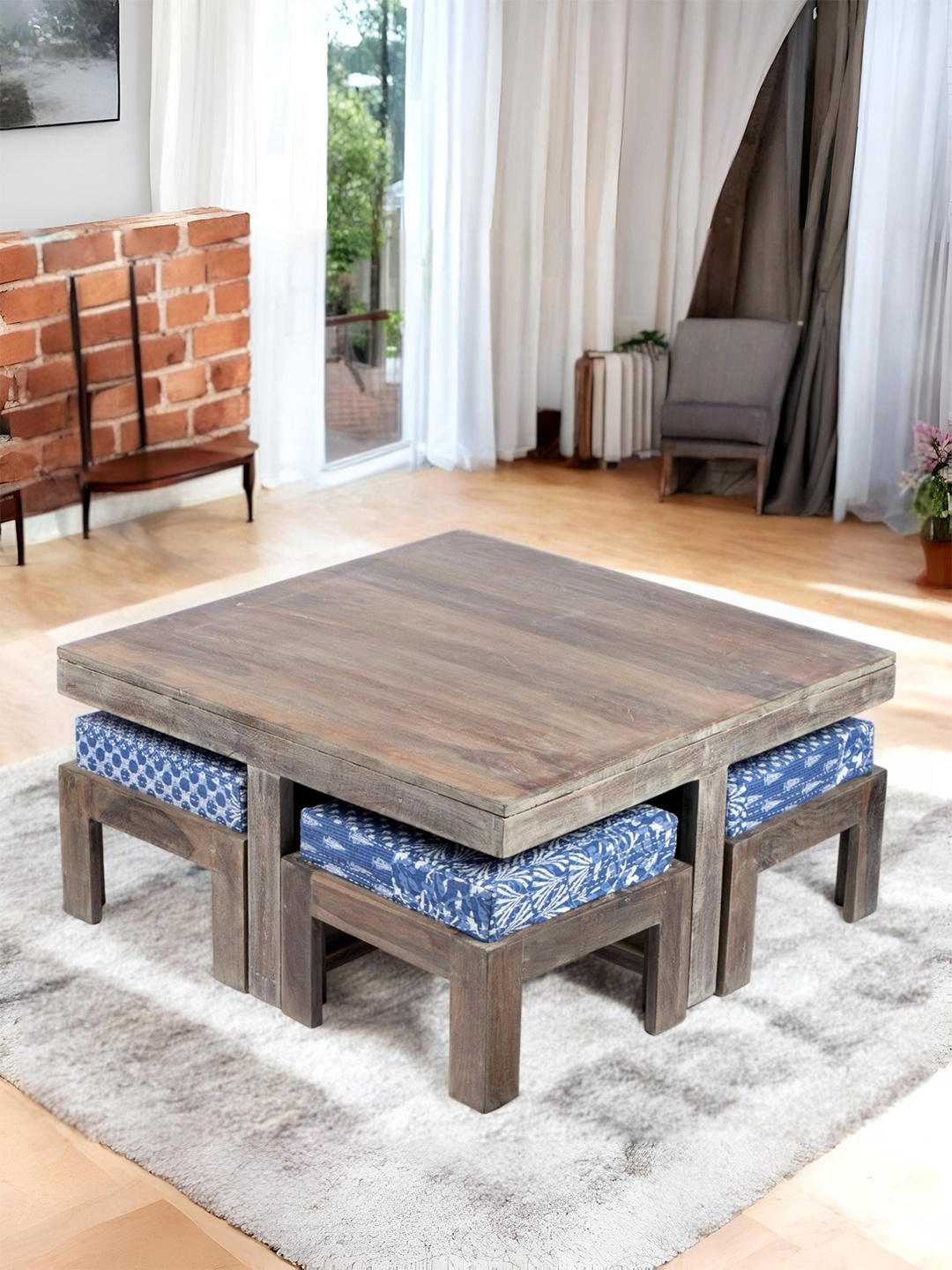 

Ikiriya Grey Wooden Antique Grey Finish Square Coffee Table With Stool and Cushions