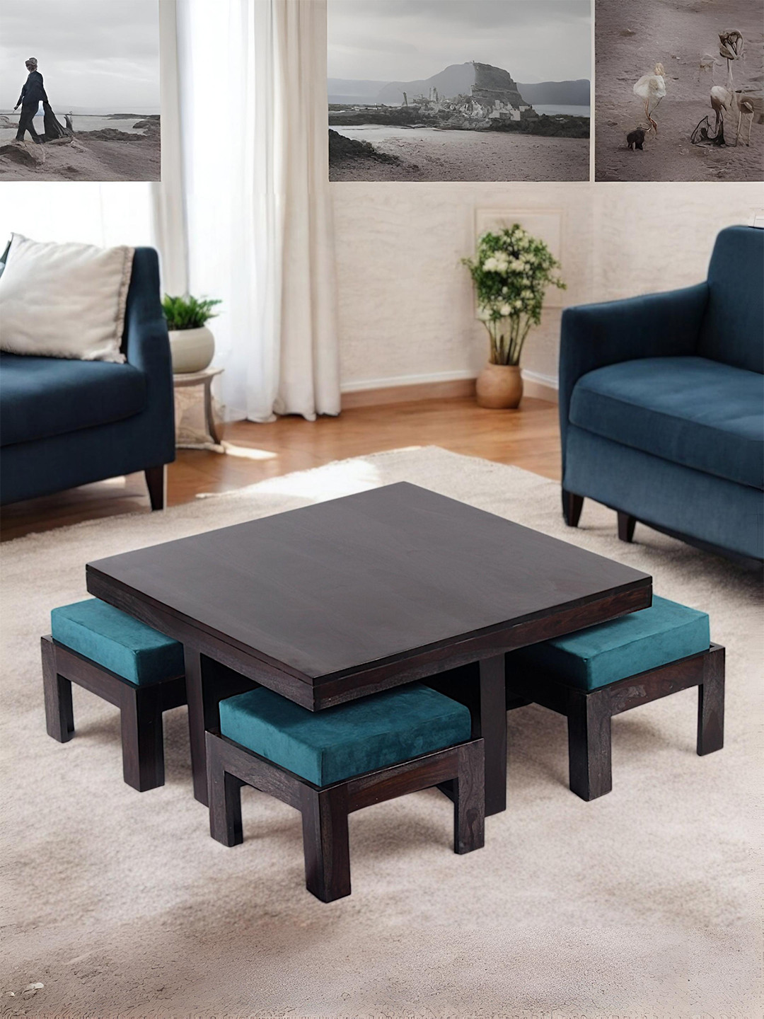 

Ikiriya Black Textured Sheesham Wood Mahagony Finish Coffee Table with Stool and Cushions