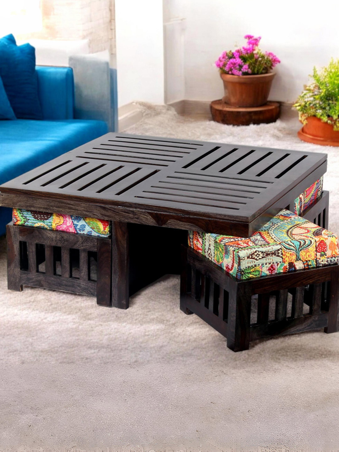 

Ikiriya Black Wooden Dark Mahagony Finish Square Coffee Table with Stool and Cushions