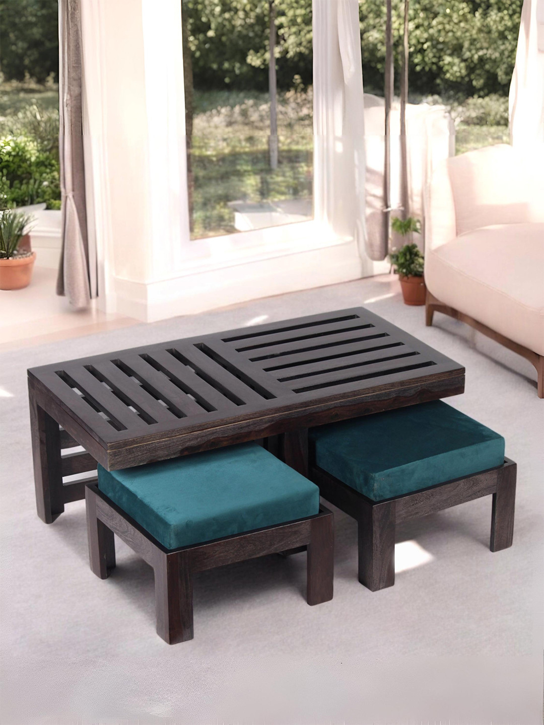 

Ikiriya Black Textured Wooden Coffee Table and Stool With Cushion