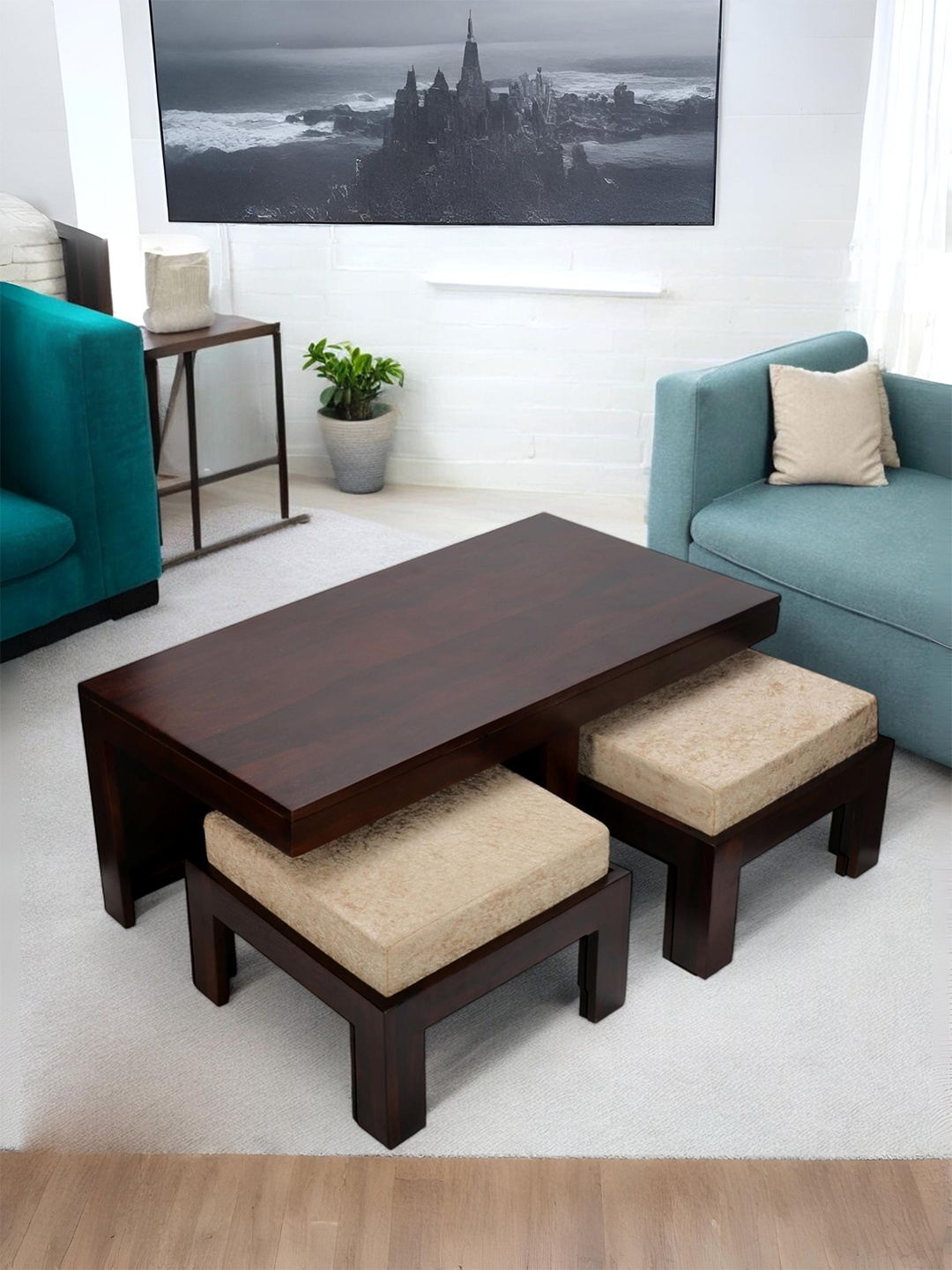 

Ikiriya Red Sheesham Wood Walnut Finish Rectangle Coffee Table with Stool and Cushions