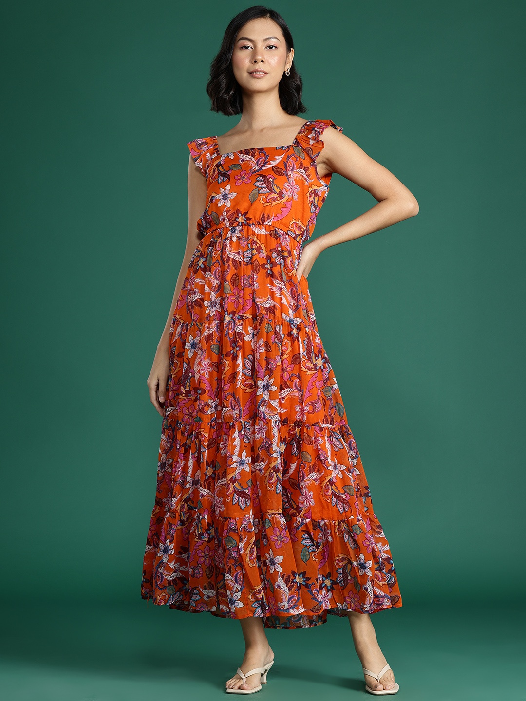 

DressBerry Floral Print Flutter Sleeve Georgette Fit & Flare Maxi Dress, Orange