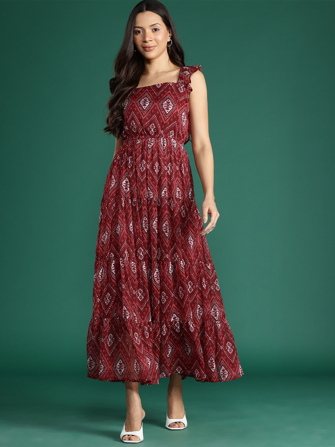 

DressBerry Print Flutter Sleeves Georgette Fit & Flare Maxi Dress, Maroon