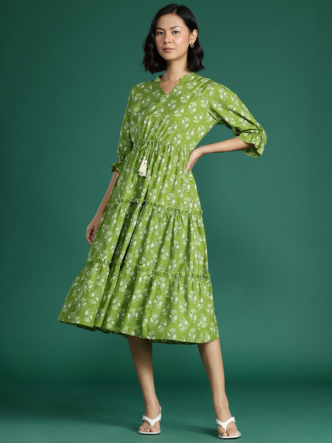 

DressBerry Floral Print Puff Sleeves Fit & Flare Midi Dress, Green