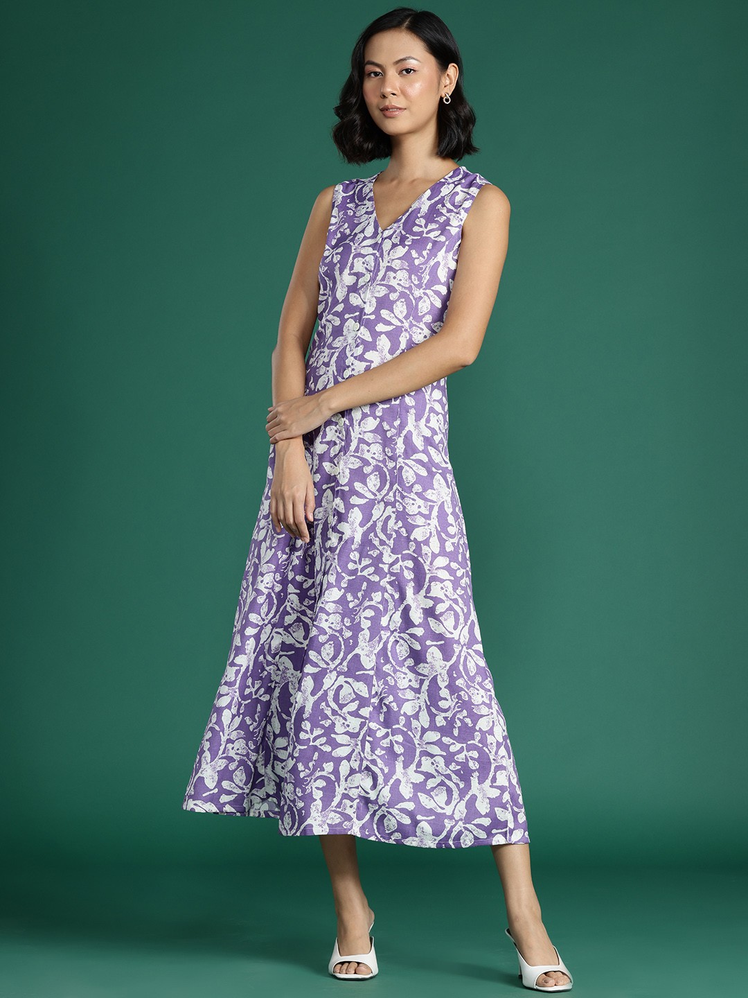 

DressBerry Floral Print Pure Cotton A-Line Midi Dress, Purple