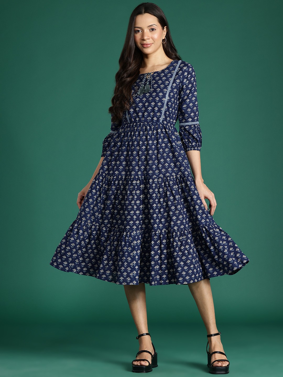 

DressBerry Floral Print Tie-Up Neck Puff Sleeves Fit & Flare Dress, Navy blue