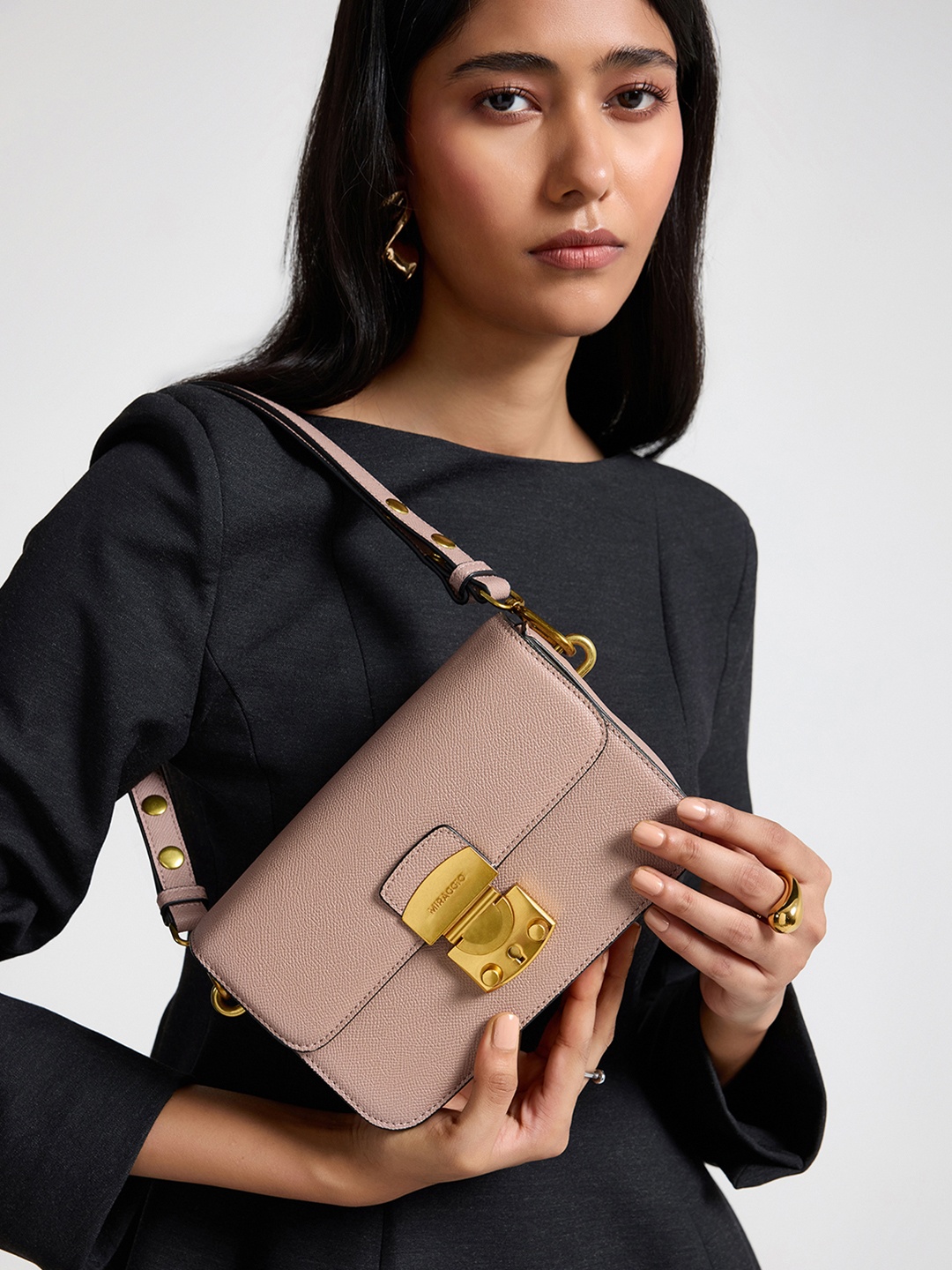 

MIRAGGIO Nicole Mink Structured Shoulder Bag with Detachable Crossbody Sling Strap, Beige