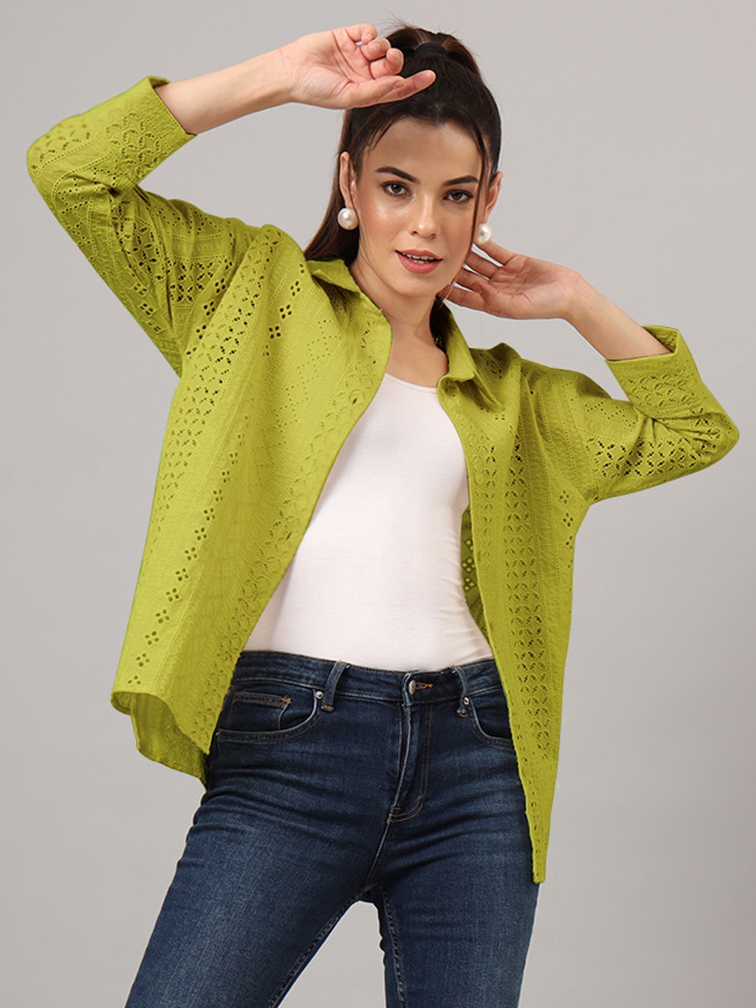 

CHARMGAL Women Classic Spread Collar Textured Casual Shirt, Lime green