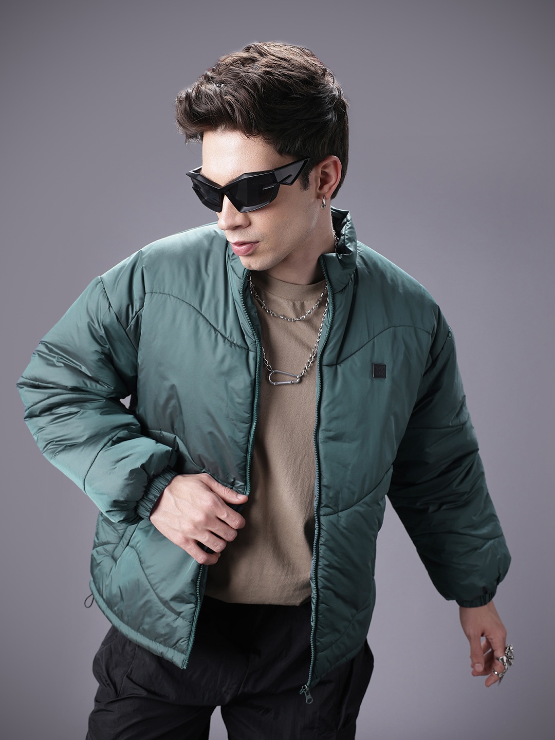 

SOKO STREET Mock Collar Padded Jacket, Green
